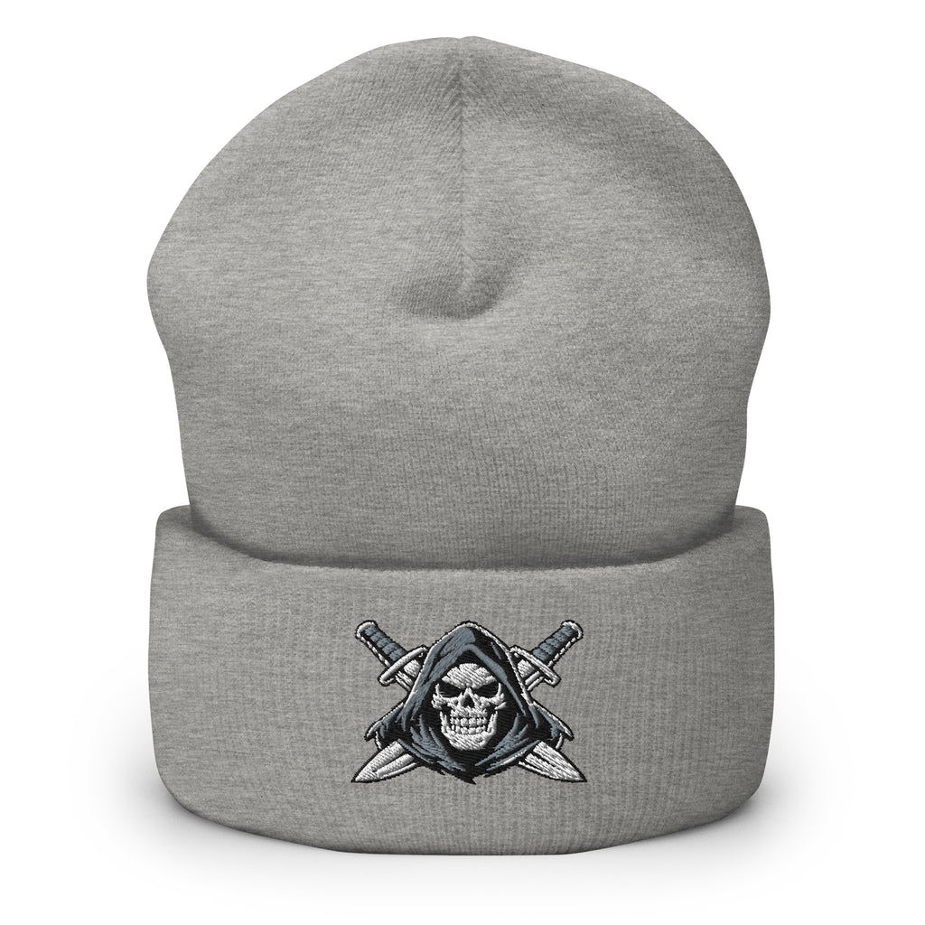 Heather Grey beanie with embroidered Only Fear Infidel reaper design, front view