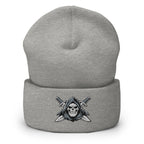 Heather Grey beanie with embroidered Only Fear Infidel reaper design, front view