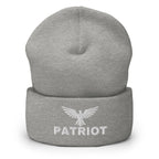 Heather Grey beanie with embroidered Patriot Eagle design, front view