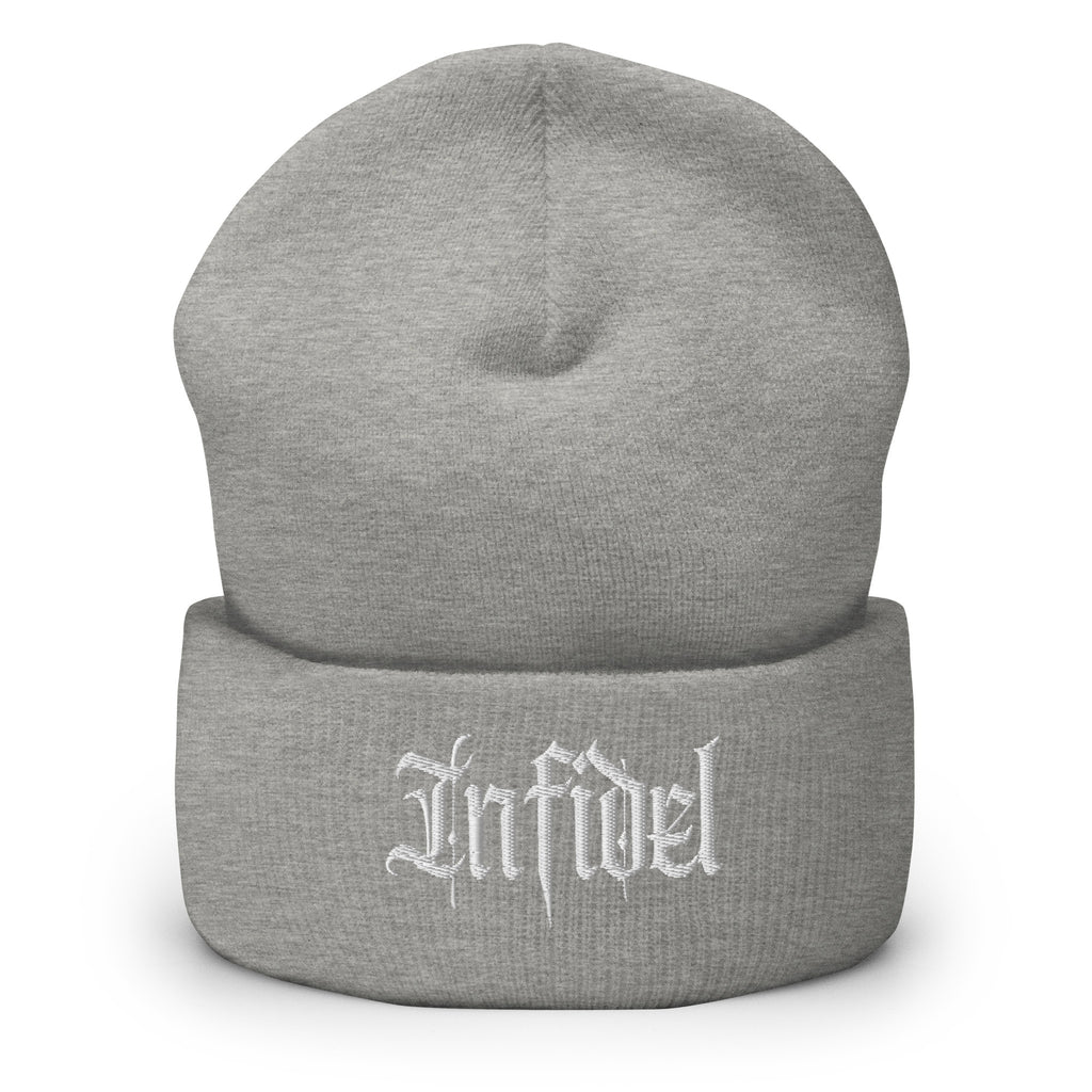 Heather Grey beanie with embroidered Infidel Script design, front view