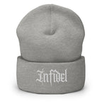 Heather Grey beanie with embroidered Infidel Script design, front view