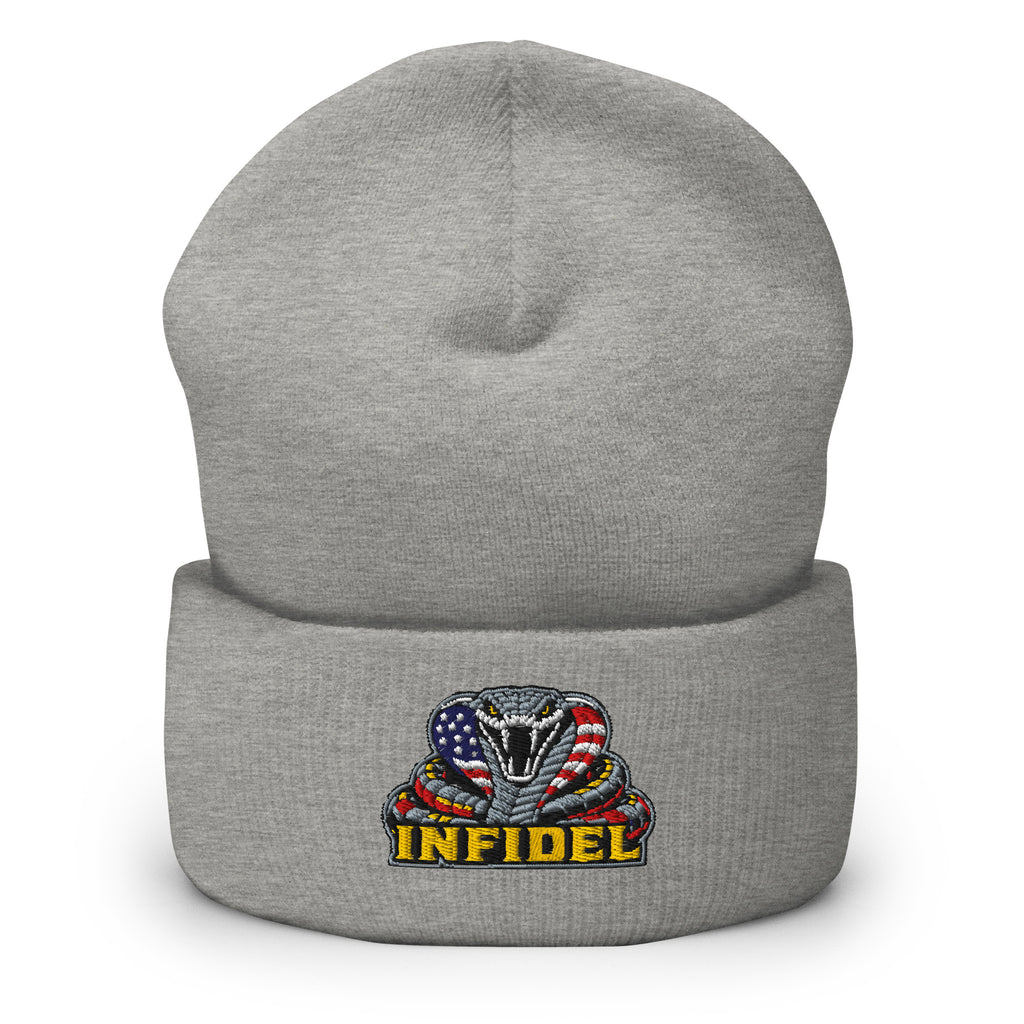 Heather Grey cuffed knit beanie with embroidered INFIDEL USA Flag Cobra front design, front view