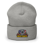 Heather Grey cuffed knit beanie with embroidered INFIDEL USA Flag Cobra front design, front view
