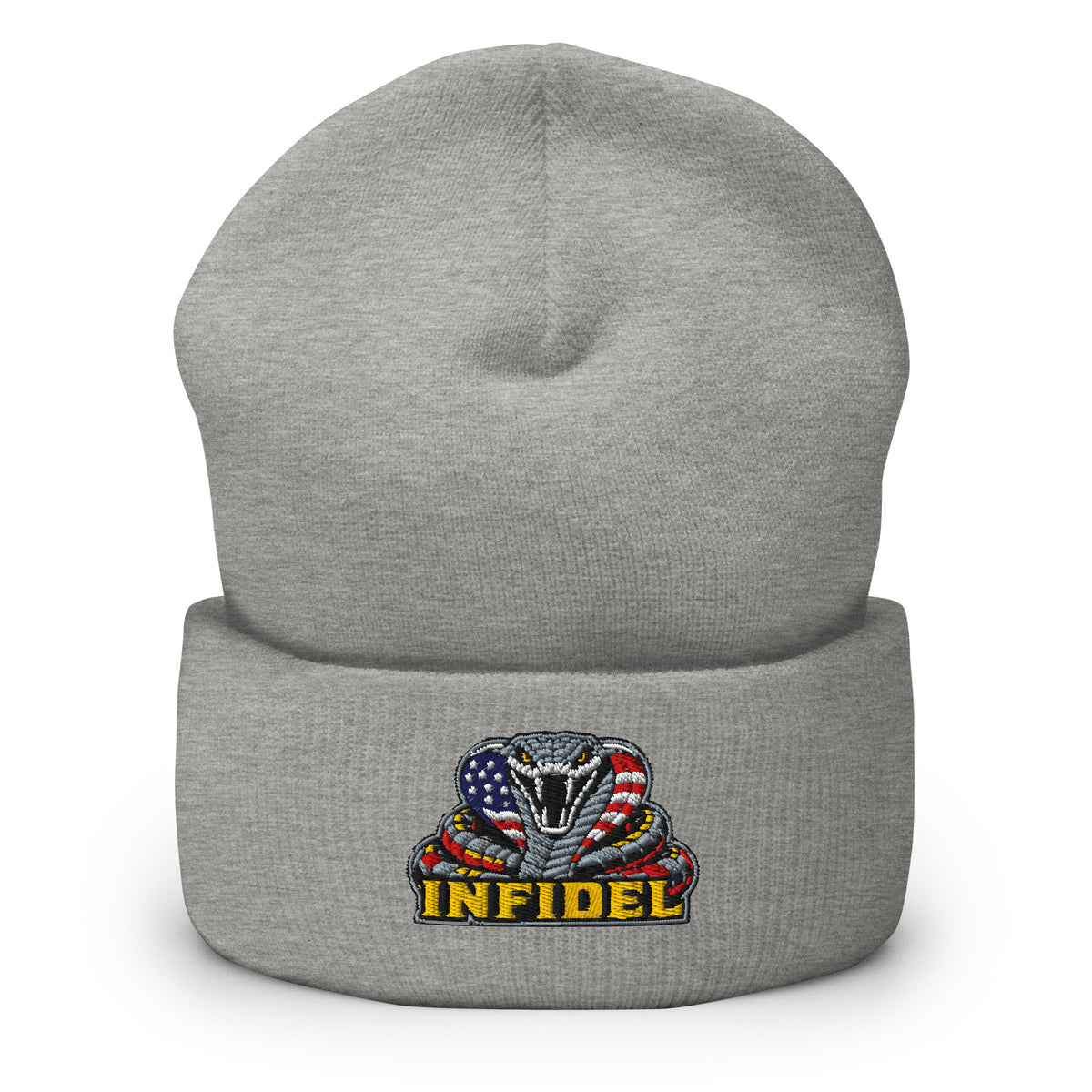 Heather Grey cuffed knit beanie with embroidered INFIDEL USA Flag Cobra front design, front view