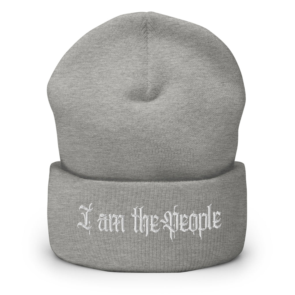 Heather Grey cuffed knit beanie with embroidered I Am the People front design, front view
