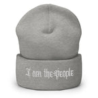 Heather Grey cuffed knit beanie with embroidered I Am the People front design, front view