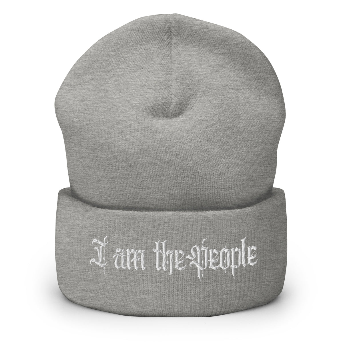 Heather Grey cuffed knit beanie with embroidered I Am the People front design, front view