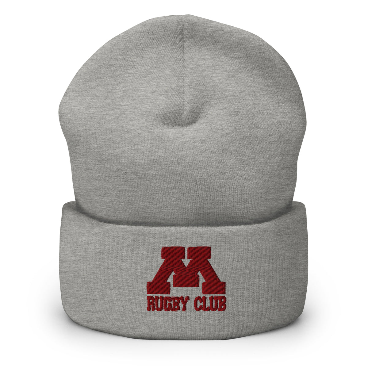 M Rugby Club heather gray cuffed beanie, front view.