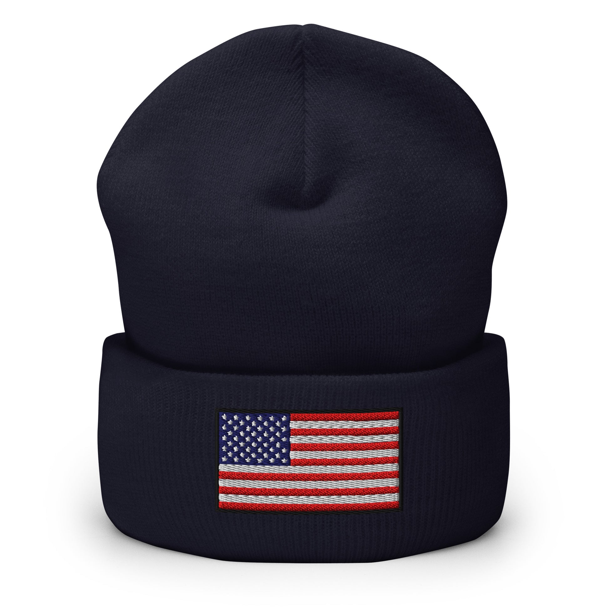 Patriotic Cuffed Beanie with the USA Flag (Old Glory) embroidered into the cuff of the beanie - available in 12 different colors - shown here in navy blue.