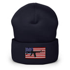 Patriotic AR-15 overlay on the USA Flag (Old Glory), embroidered on a Cuffed Beanie - available in 12 colors, shown here in navy blue.