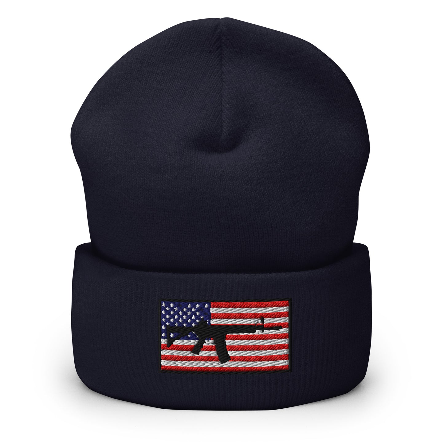 Patriotic AR-15 overlay on the USA Flag (Old Glory), embroidered on a Cuffed Beanie - available in 12 colors, shown here in navy blue.