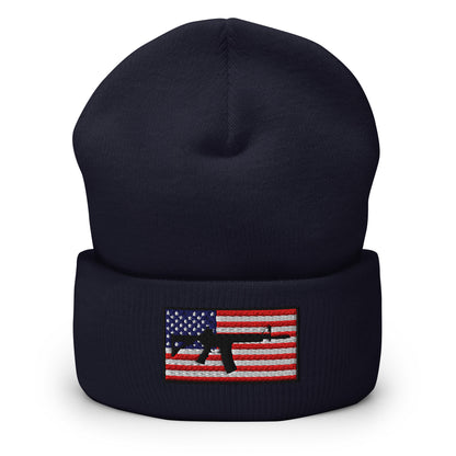 Patriotic AR-15 overlay on the USA Flag (Old Glory), embroidered on a Cuffed Beanie - available in 12 colors, shown here in navy blue.