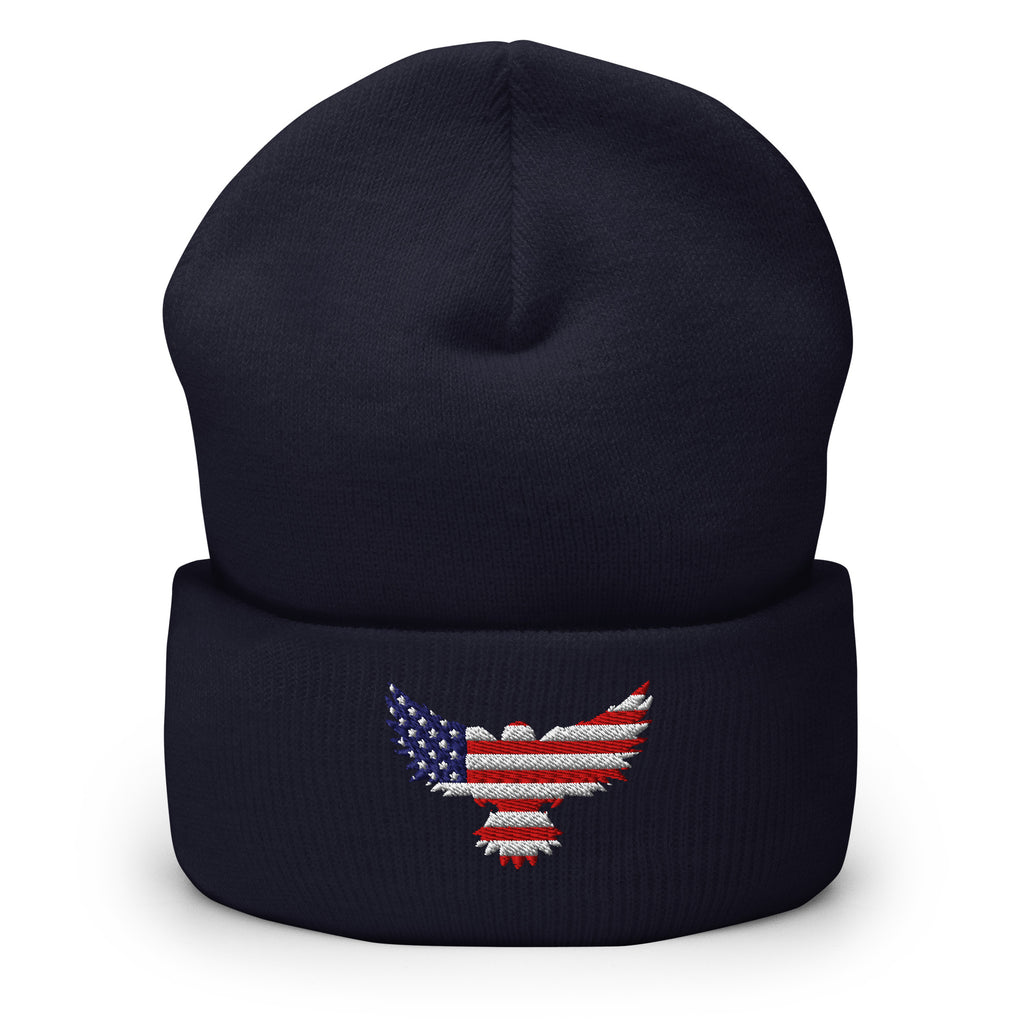 Patriotic Cuffed Beanie with USA Flag (Old Glory) Eagle embroidered into the cuff of the beanie - available in 12 different colors - shown here in navy blue.