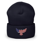 Patriotic Cuffed Beanie with USA Flag (Old Glory) Eagle embroidered into the cuff of the beanie - available in 12 different colors - shown here in navy blue.