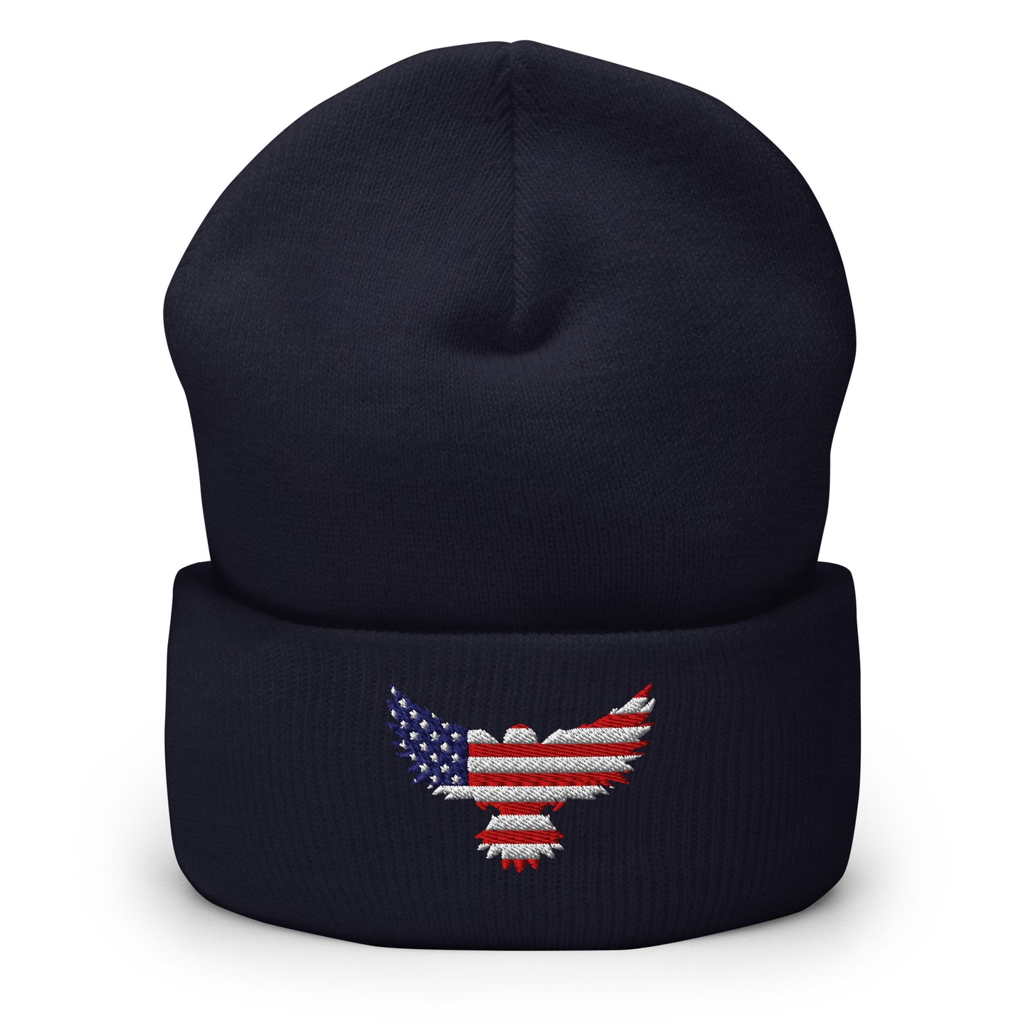 Patriotic Cuffed Beanie with USA Flag (Old Glory) Eagle embroidered into the cuff of the beanie - available in 12 different colors - shown here in navy blue.