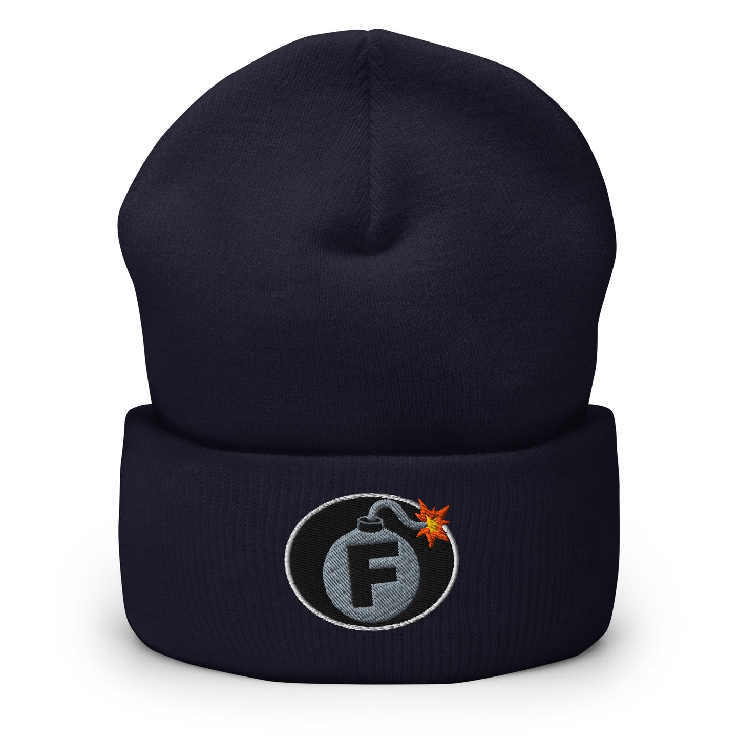 NSFW F-Bomb design is embroidered into this Cuffed Beanie by Infidel Collective - available in 12 colors, shown here in navy blue.