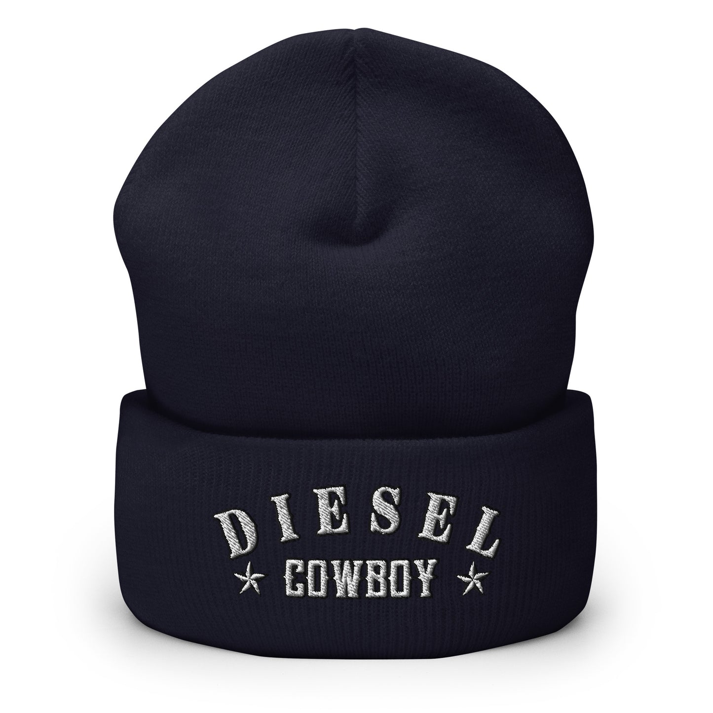 "Diesel Cowboy" embroidered into this cuffed beanie hat by Infidel Collective, available in 12 colors, shown here in navy blue.