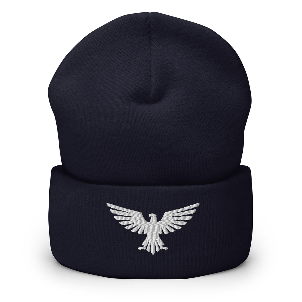 Navy, beanie, with embroidered patriotic eagle crest, front view