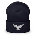 Navy, beanie, with embroidered patriotic eagle crest, front view