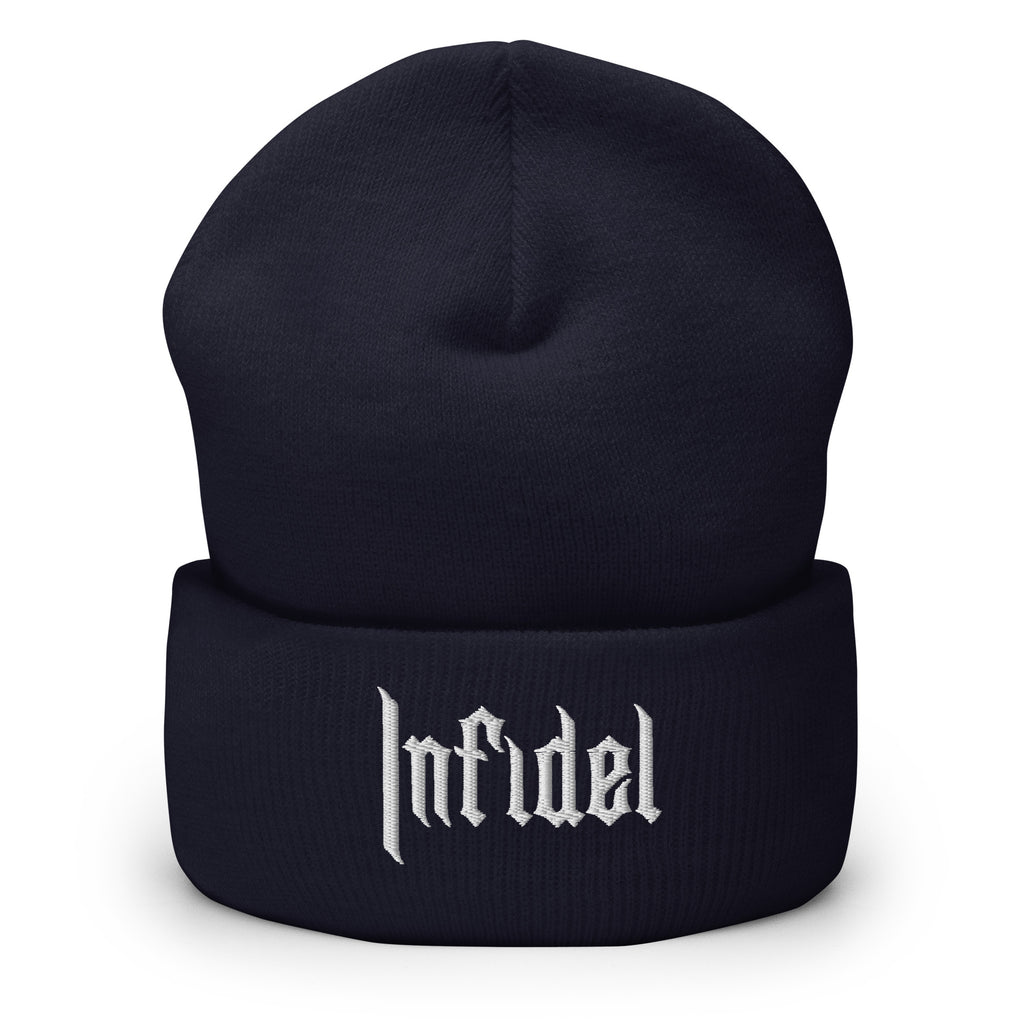 Navy, beanie, with embroidered OG INFIDEL mark, front view