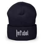 Navy, beanie, with embroidered OG INFIDEL mark, front view