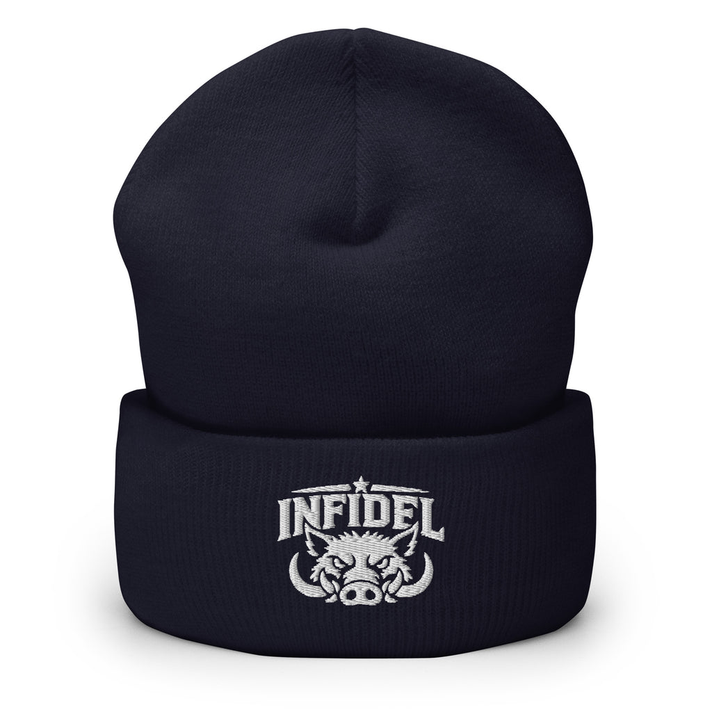 Navy beanie with embroidered INFIDEL War Pig design, front view