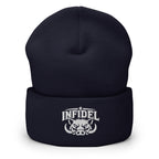 Navy beanie with embroidered INFIDEL War Pig design, front view