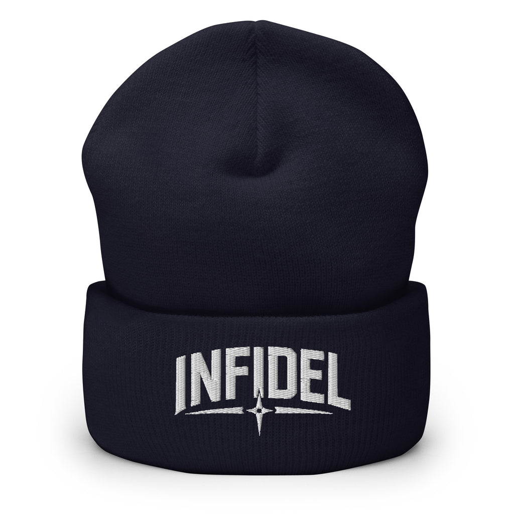 Navy beanie with embroidered Infidel Spike design, front view