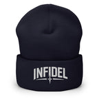Navy beanie with embroidered Infidel Spike design, front view