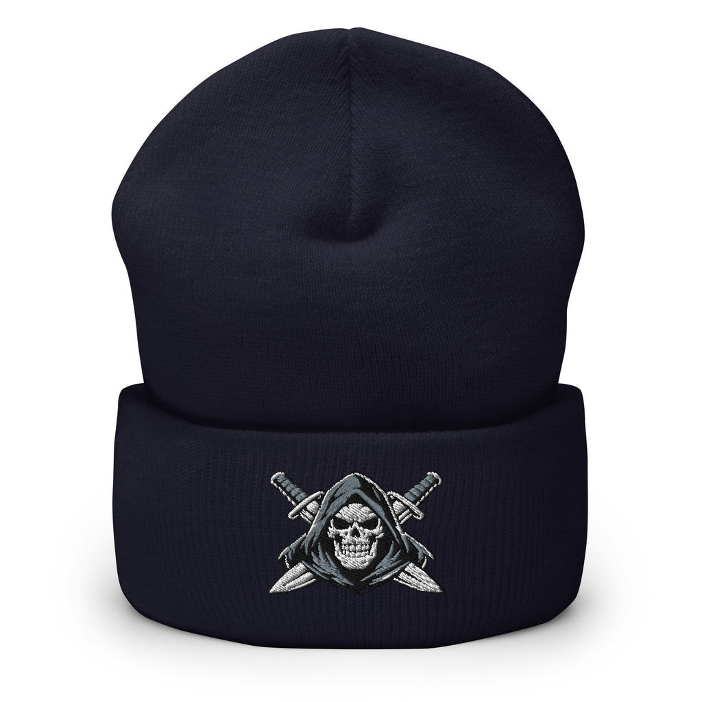 Navy beanie with embroidered Only Fear Infidel reaper design, front view