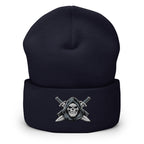 Navy beanie with embroidered Only Fear Infidel reaper design, front view