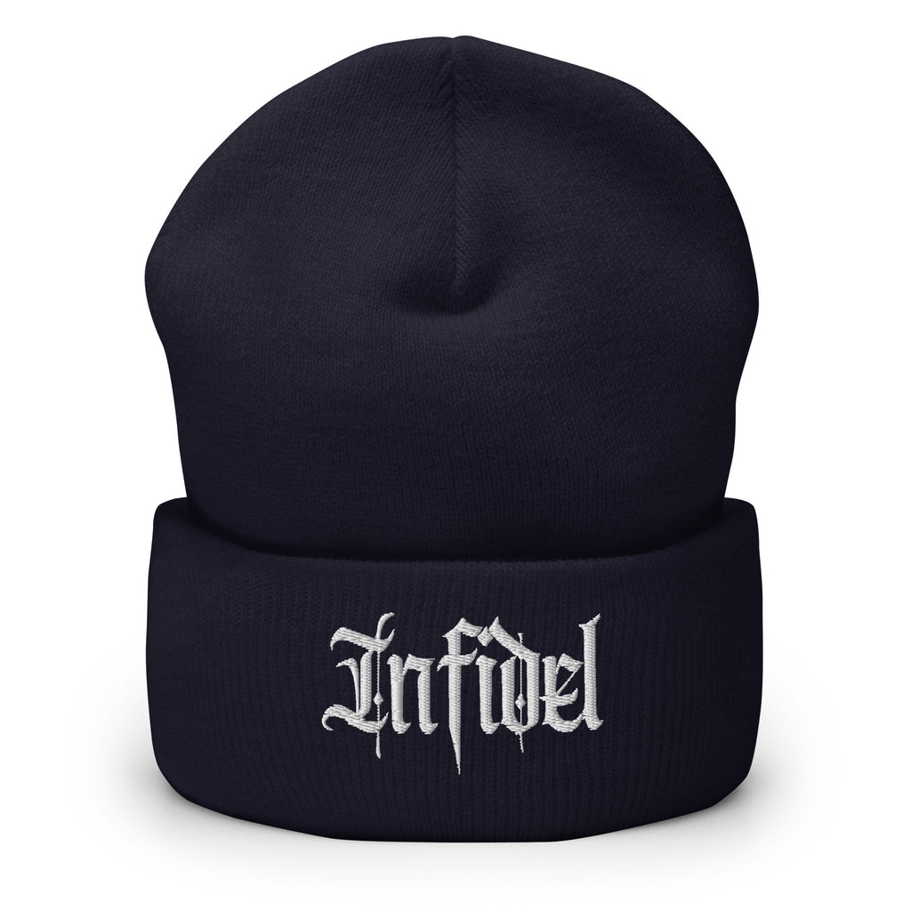 Navy beanie with embroidered Infidel Script design, front view