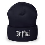 Navy beanie with embroidered Infidel Script design, front view