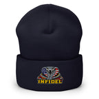 Navy cuffed knit beanie with embroidered INFIDEL USA Flag Cobra front design, front view
