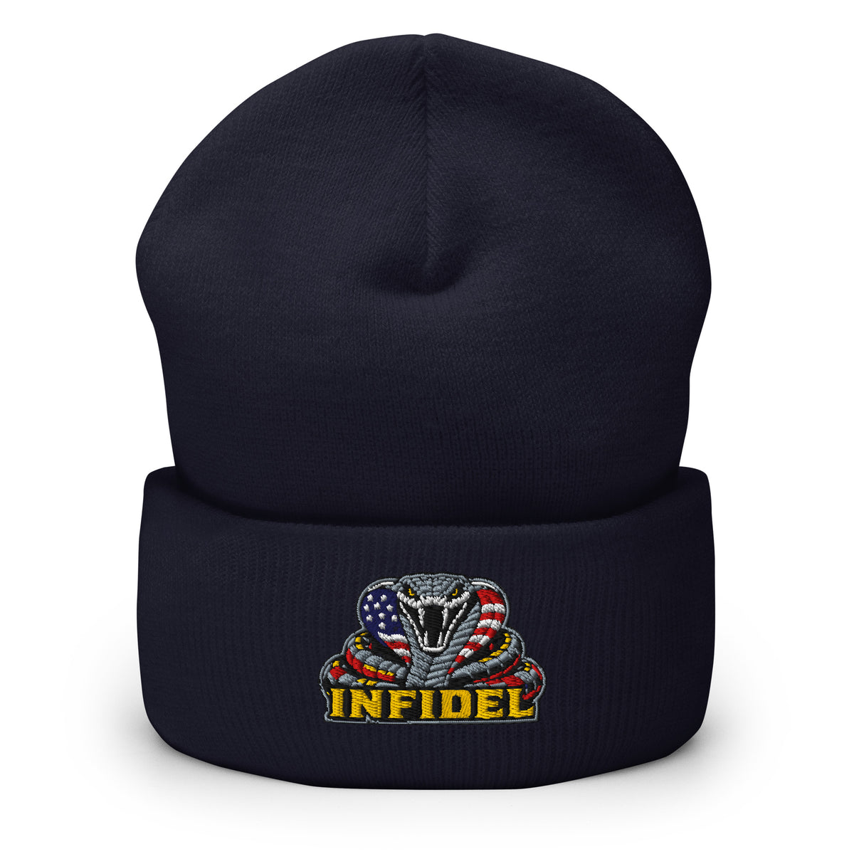 Navy cuffed knit beanie with embroidered INFIDEL USA Flag Cobra front design, front view