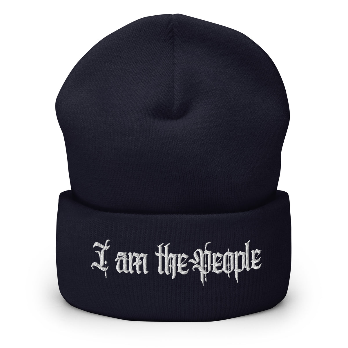 Navy cuffed knit beanie with embroidered I Am the People front design, front view