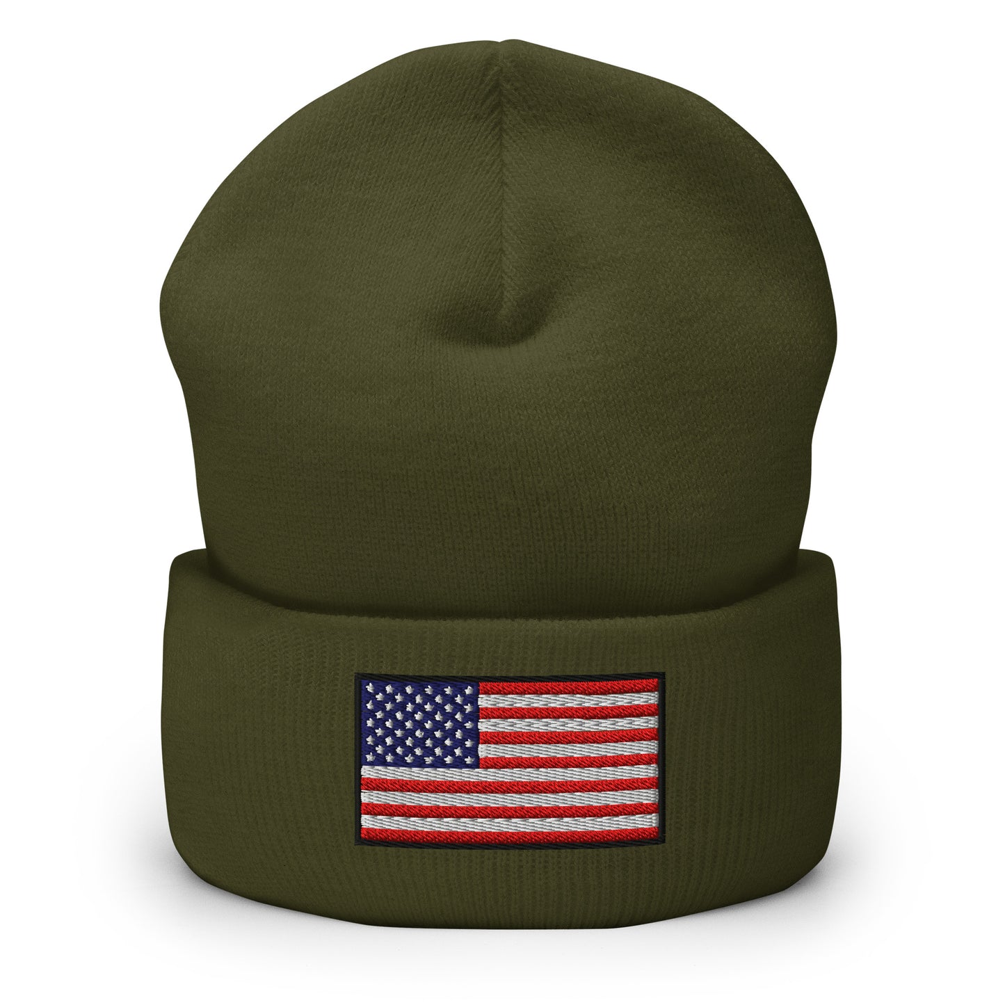 Patriotic Cuffed Beanie with the USA Flag (Old Glory) embroidered into the cuff of the beanie - available in 12 different colors - shown here in olive green.