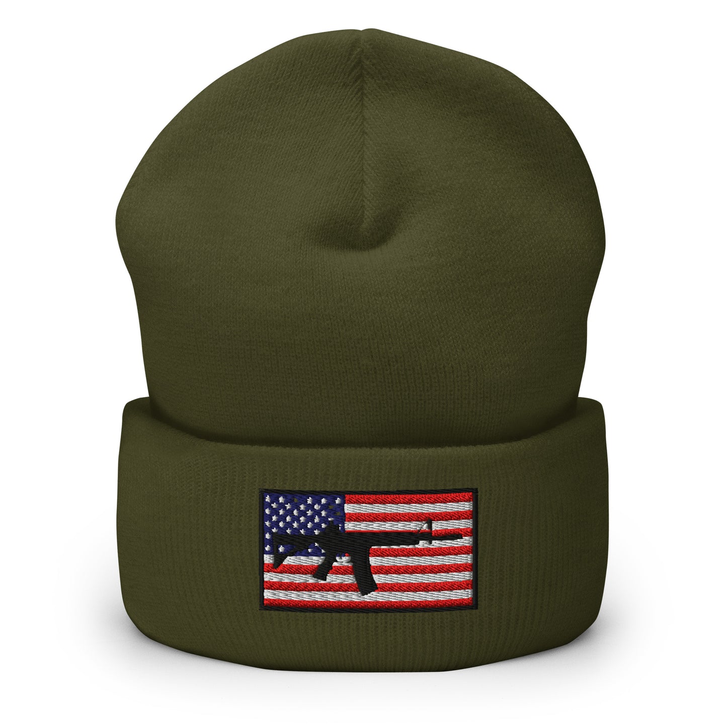Patriotic AR-15 overlay on the USA Flag (Old Glory), embroidered on a Cuffed Beanie - available in 12 colors, shown here in olive green.