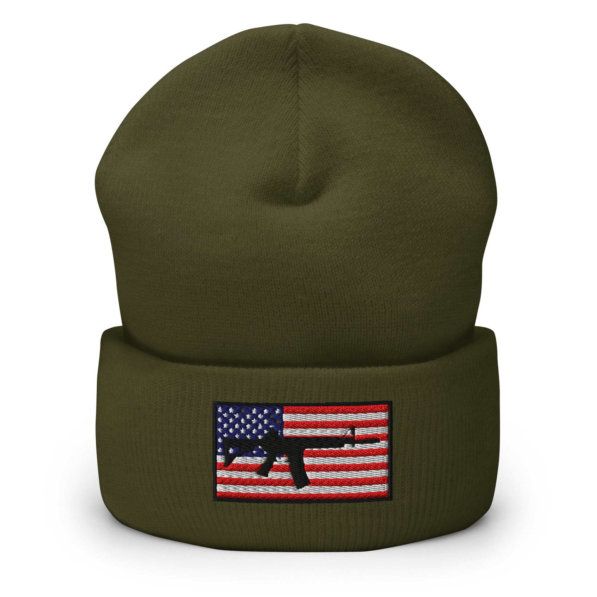 Patriotic AR-15 overlay on the USA Flag (Old Glory), embroidered on a Cuffed Beanie - available in 12 colors, shown here in olive green.