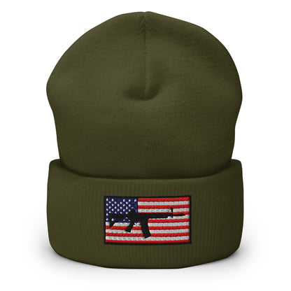 Patriotic AR-15 overlay on the USA Flag (Old Glory), embroidered on a Cuffed Beanie - available in 12 colors, shown here in olive green.