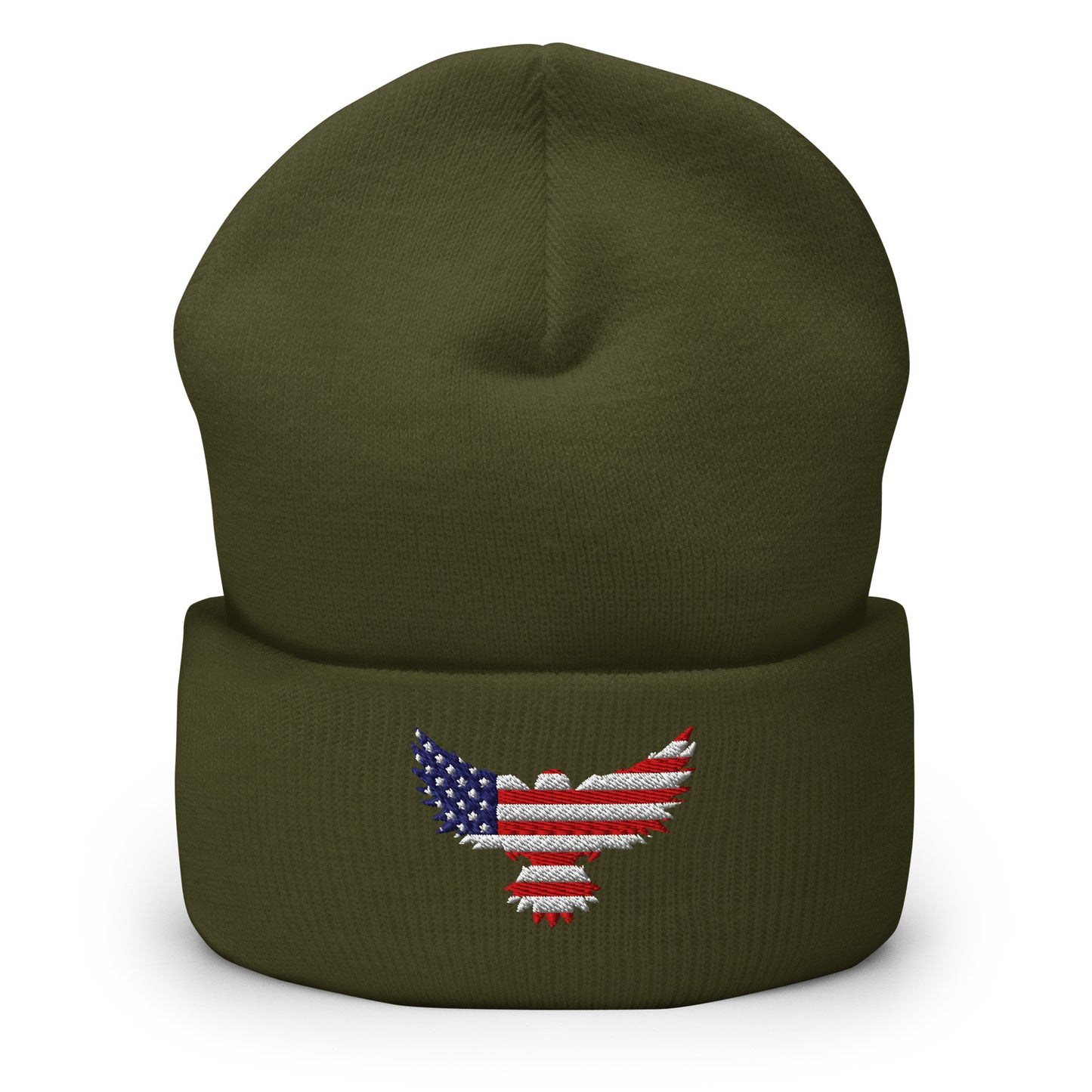 Patriotic Cuffed Beanie with USA Flag (Old Glory) Eagle embroidered into the cuff of the beanie - available in 12 different colors - shown here in olive green.