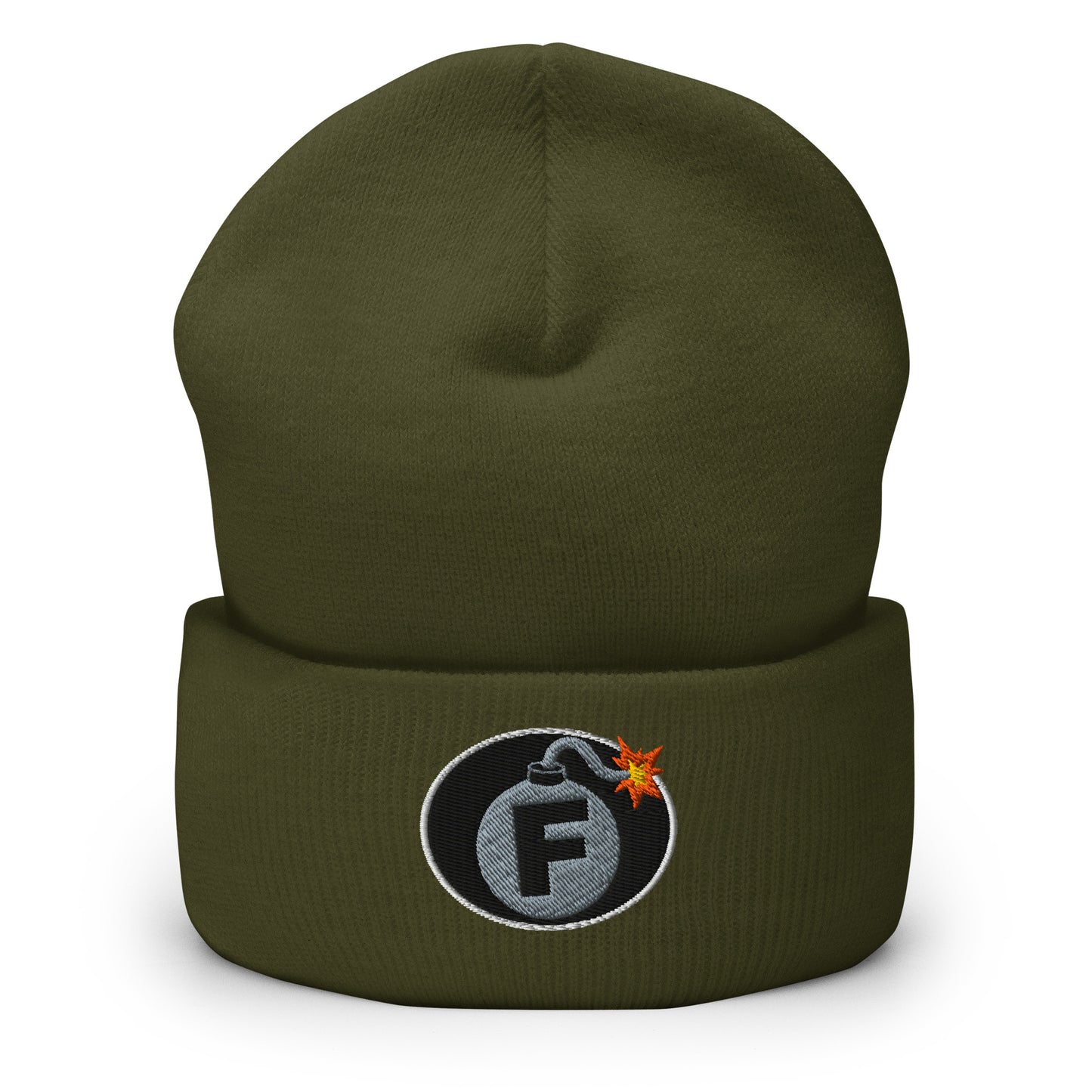 NSFW F-Bomb design is embroidered into this Cuffed Beanie by Infidel Collective - available in 12 colors, shown here in olive green.