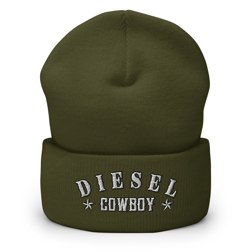 "Diesel Cowboy" embroidered into this cuffed beanie hat by Infidel Collective, available in 12 colors, shown here in olive.