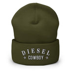 "Diesel Cowboy" embroidered into this cuffed beanie hat by Infidel Collective, available in 12 colors, shown here in olive.