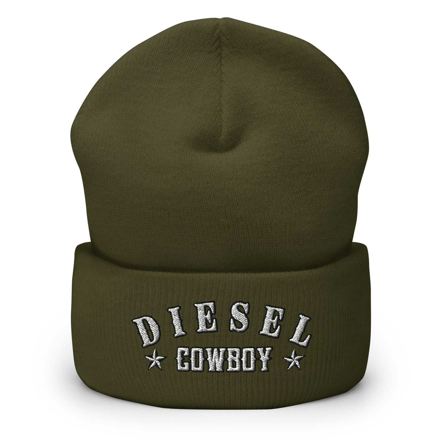 "Diesel Cowboy" embroidered into this cuffed beanie hat by Infidel Collective, available in 12 colors, shown here in olive.