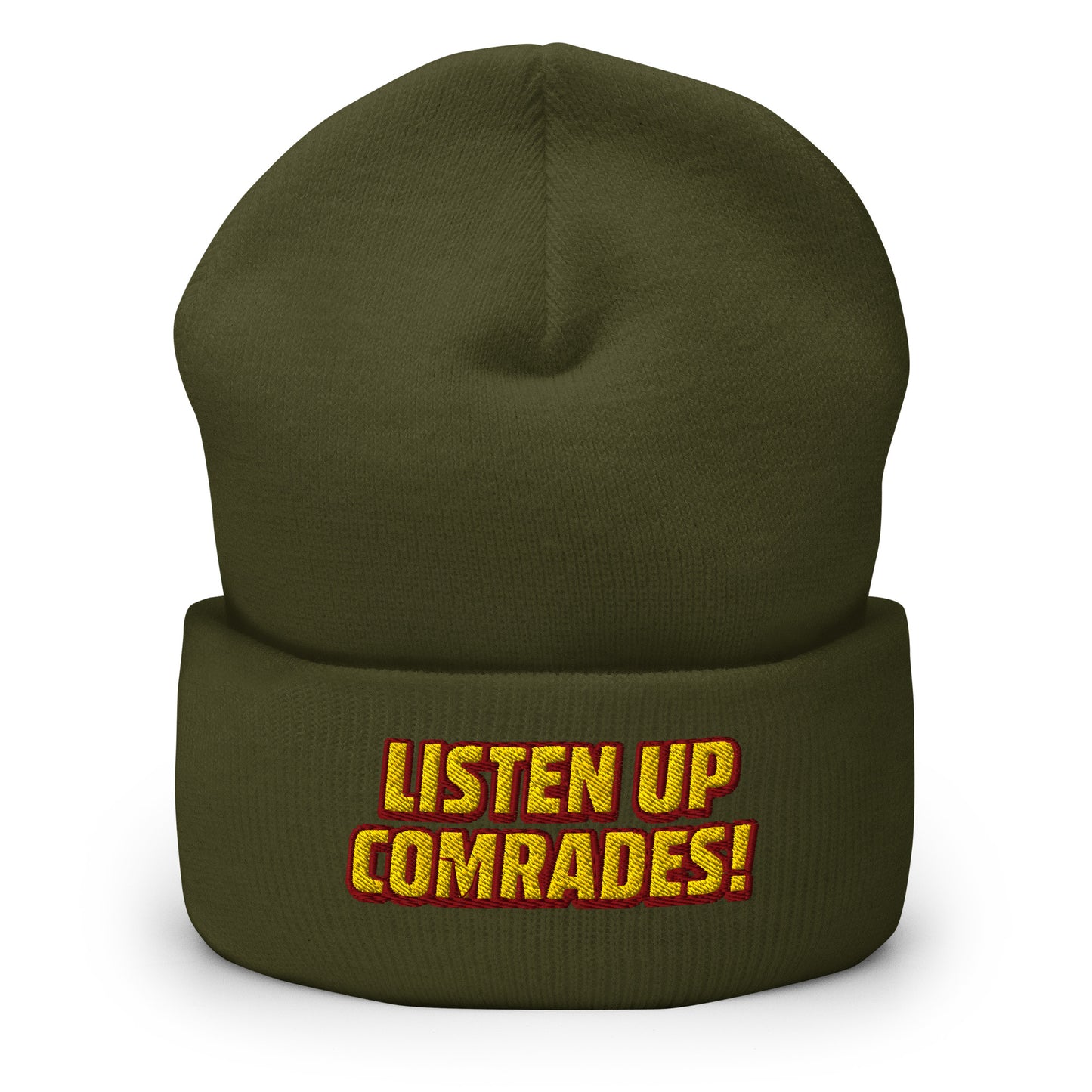 Olive green beanie with 'Listen Up Comrades!' text on a white background
