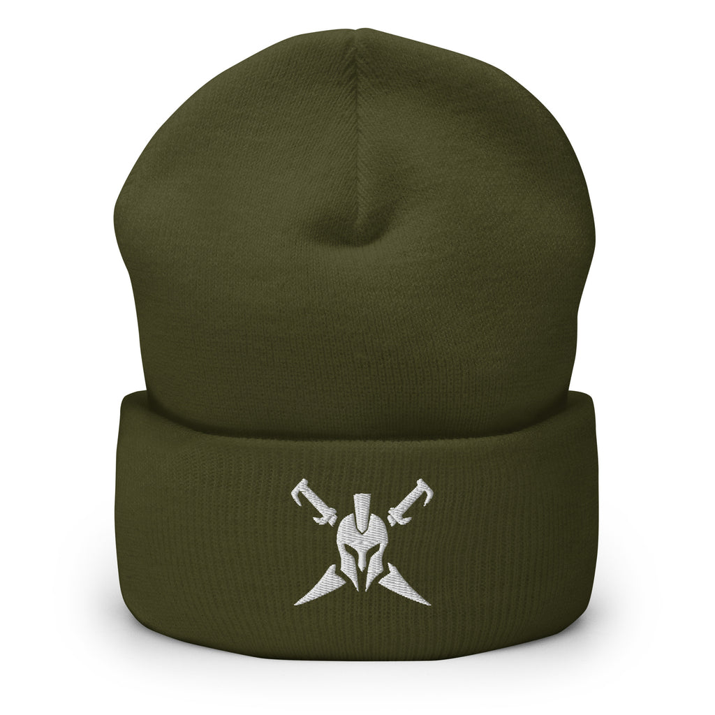 Olive, beanie, with embroidered Call to Arms, front view