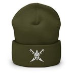 Olive, beanie, with embroidered Call to Arms, front view