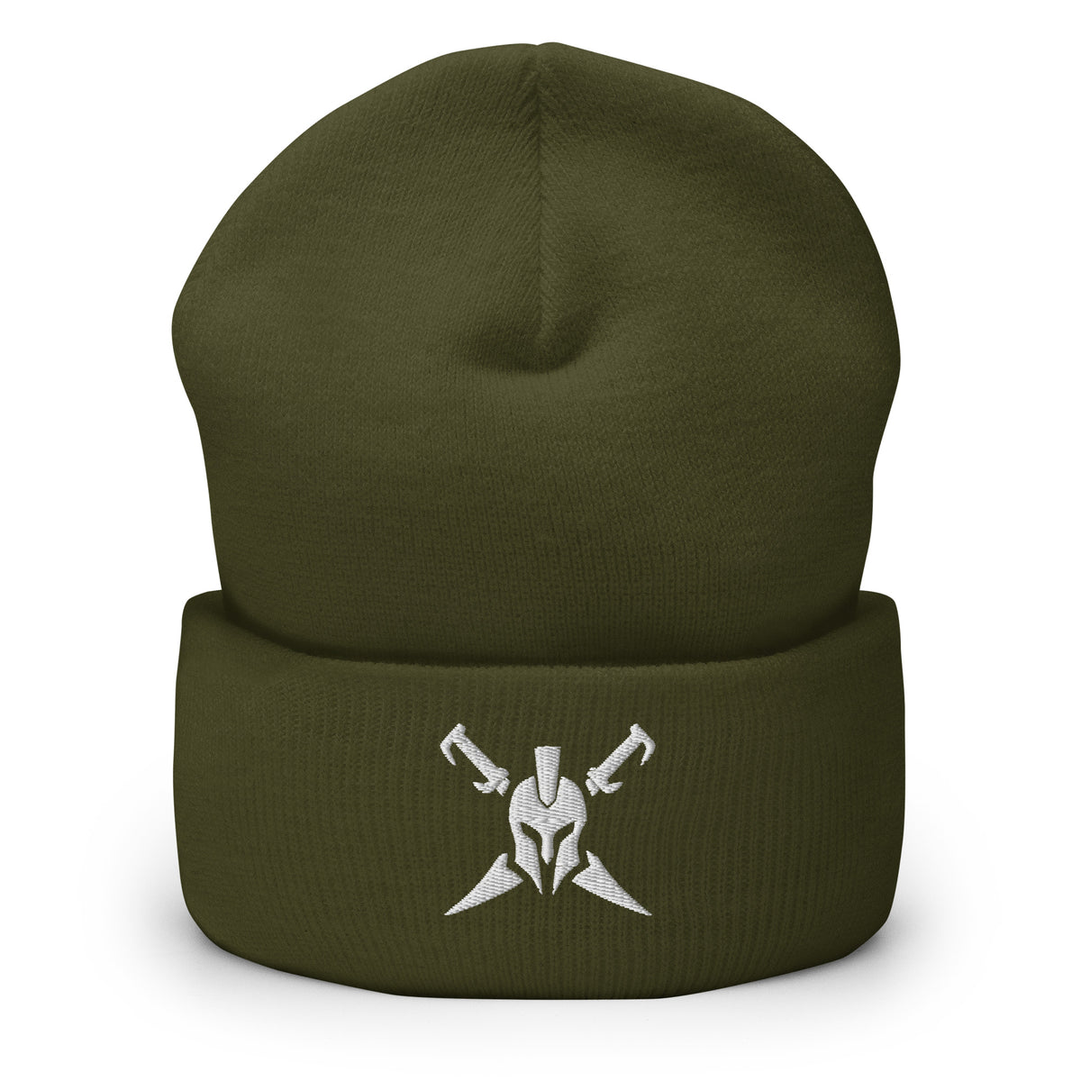 Olive, beanie, with embroidered Call to Arms, front view
