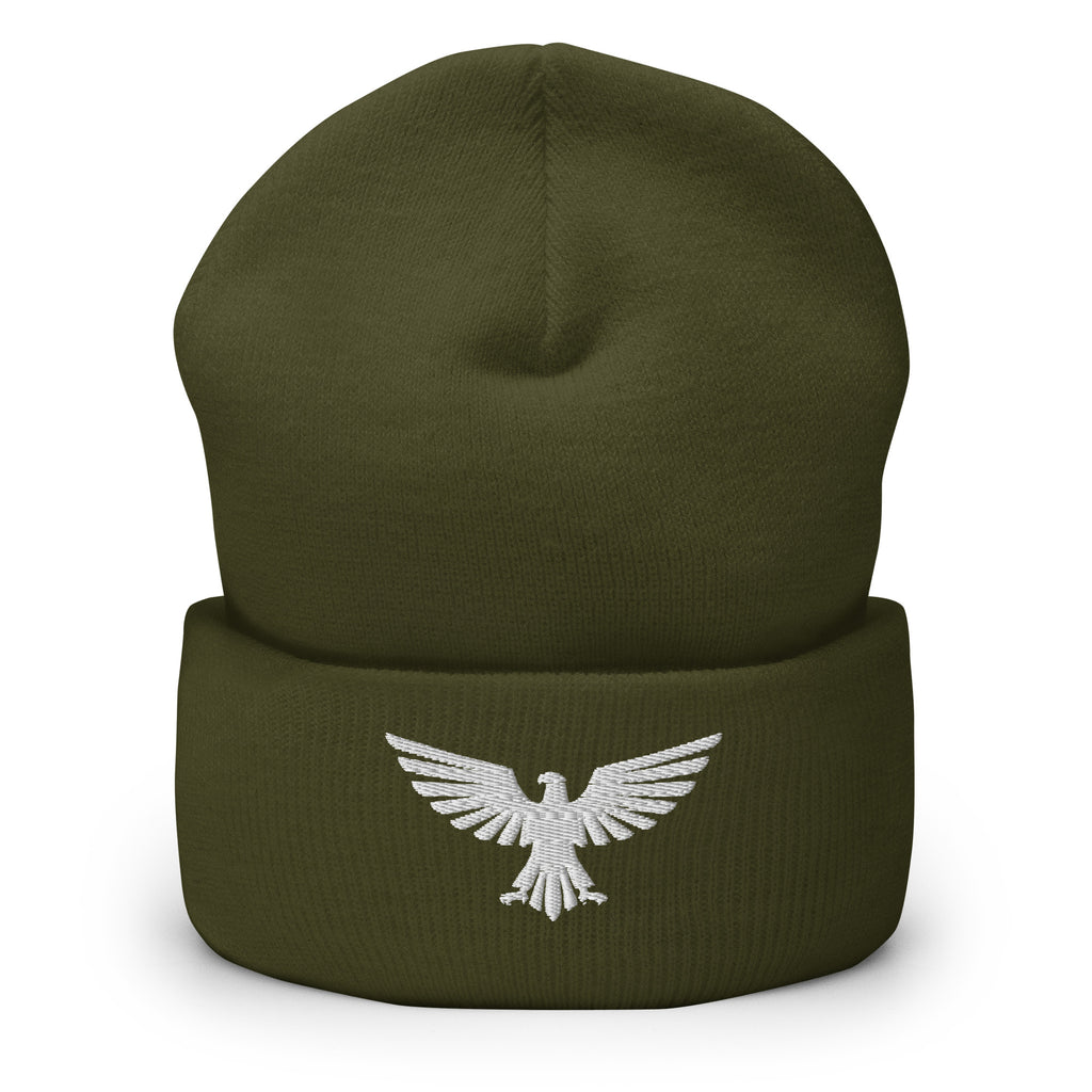 Olive, beanie, with embroidered patriotic eagle crest, front view